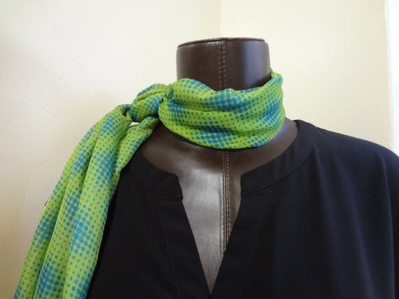 Scarf 1970's Oblong Green and Blue with Blue Polk… - image 6