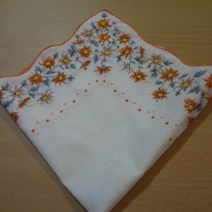 Vintage Cotton Hankie White with Orange, Gray, Peach and Yellow Flowers image 1