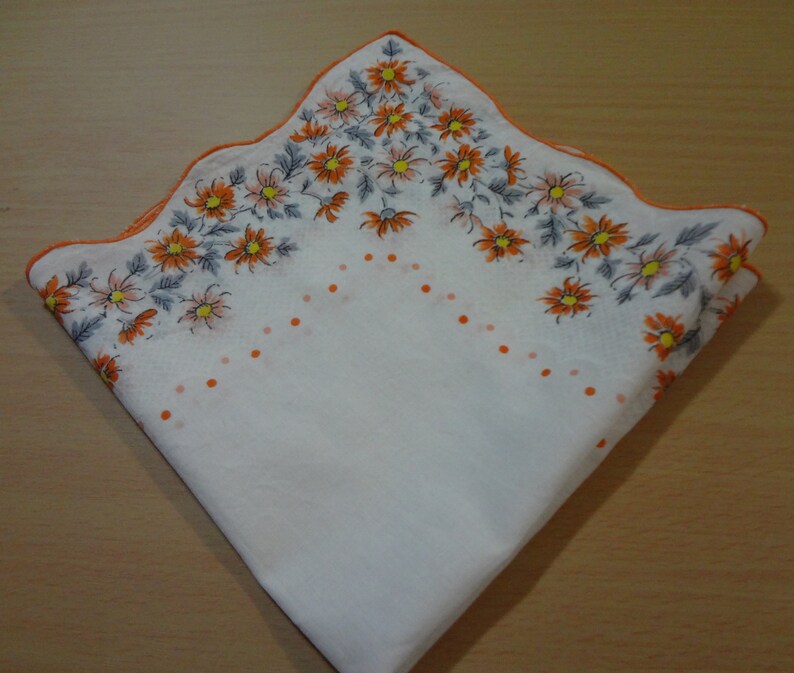 Vintage Cotton Hankie White with Orange, Gray, Peach and Yellow Flowers image 1
