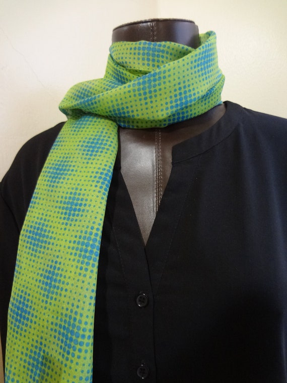 Scarf 1970's Oblong Green and Blue with Blue Polk… - image 2