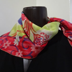 Vintage Silk Scarf by Brico in a Bright Red with Green, Blue, White and Pink Floral Pattern