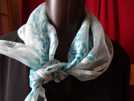 Lovely Blue Floral Chiffon Scarf Vintage" - image 1