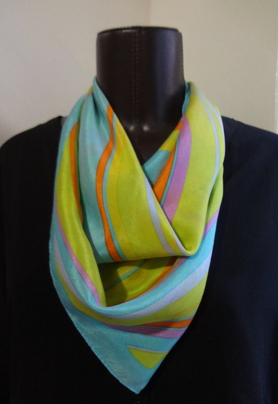 Vintage Silk Scarf by In Soft Blue with Yellow, B… - image 5