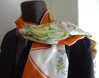 Mid-Century Scarf Hand Rolled  in a Golden Brown with Fern Green, White, Yellow, Gray and Black Outlines