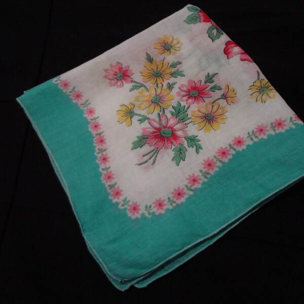 Vintage Cotton Hankie with Flowers in Soft Green with Yellow, Pink and Red