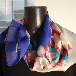 Vintage Scarf Purple Floral with White, Red and Blue Polyester