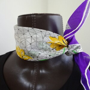 Silk Scarf Mid-Century White with Purple Border and Yellow and White Flowers
