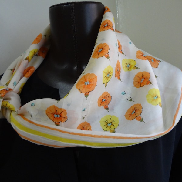 Silk Scarf Mid-Century Scarf  In White with Yellow and Orange Flowers