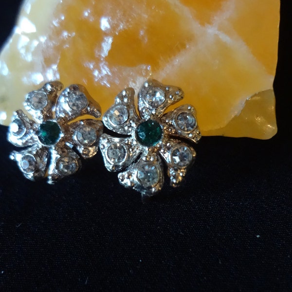 Mid-Century Earrings Rhinestones with an Emerald Rhinestone Bead in the Center Screw on On Holiday Bling