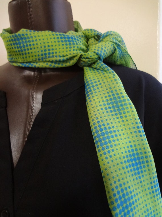 Scarf 1970's Oblong Green and Blue with Blue Polk… - image 3