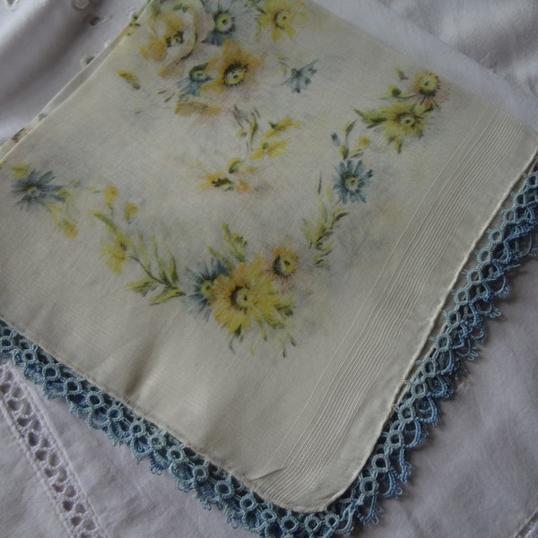 Vintage Linen Hankie with Yellow, Pink and Blue Flowers and Blue Tatting