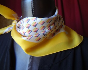 Vintage Yellow Silk Scarf, Floral Print, Colorful Neck Scarf