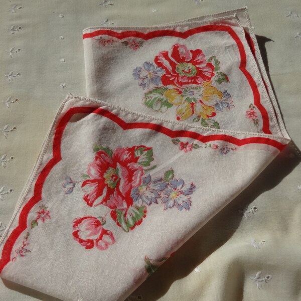 White Hankie Mid Century with Red, Golden Yellow and Blue Violet Flowers