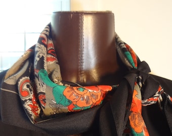 Vintage Scarf Early 60s in a Black Paisley with Orange, Red, Gray and Black