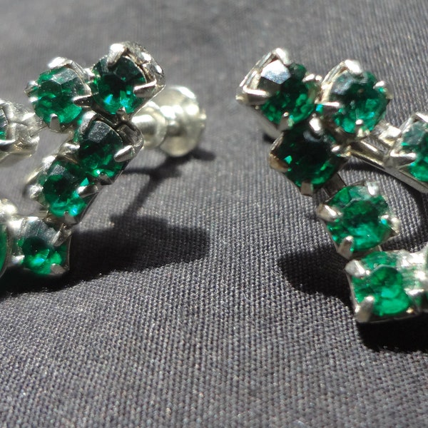 Mid-Century Earrings Green Rhinestones with Silver-Tone Metal Screw on On Holiday Bling