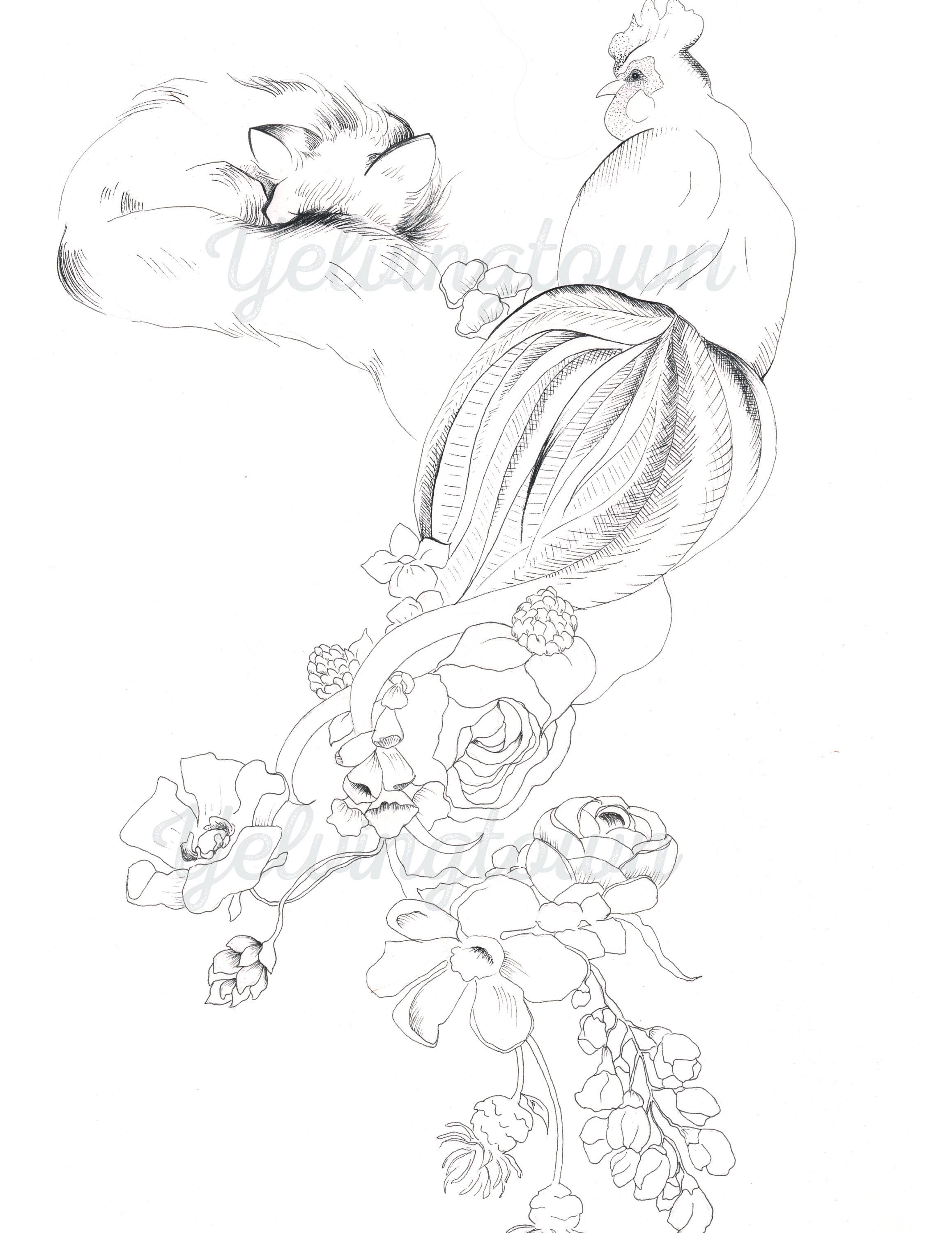 Fox And Rooster Coloring Book Single Page Adult Coloring Book Etsy