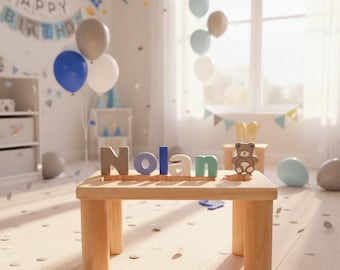 Kindernaampuzzelbank, gepersonaliseerde houten puzzelnaambank, peuterbank met naampuzzeljongen, speelkamerbank voor kinderen, babynaamcadeaus