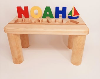 Kids Name Puzzle Bench, Personalized Puzzle Name Bench Wooden, Toddler Bench with Name Puzzle Boy, Playroom Bench for Kids, Baby Name Gifts