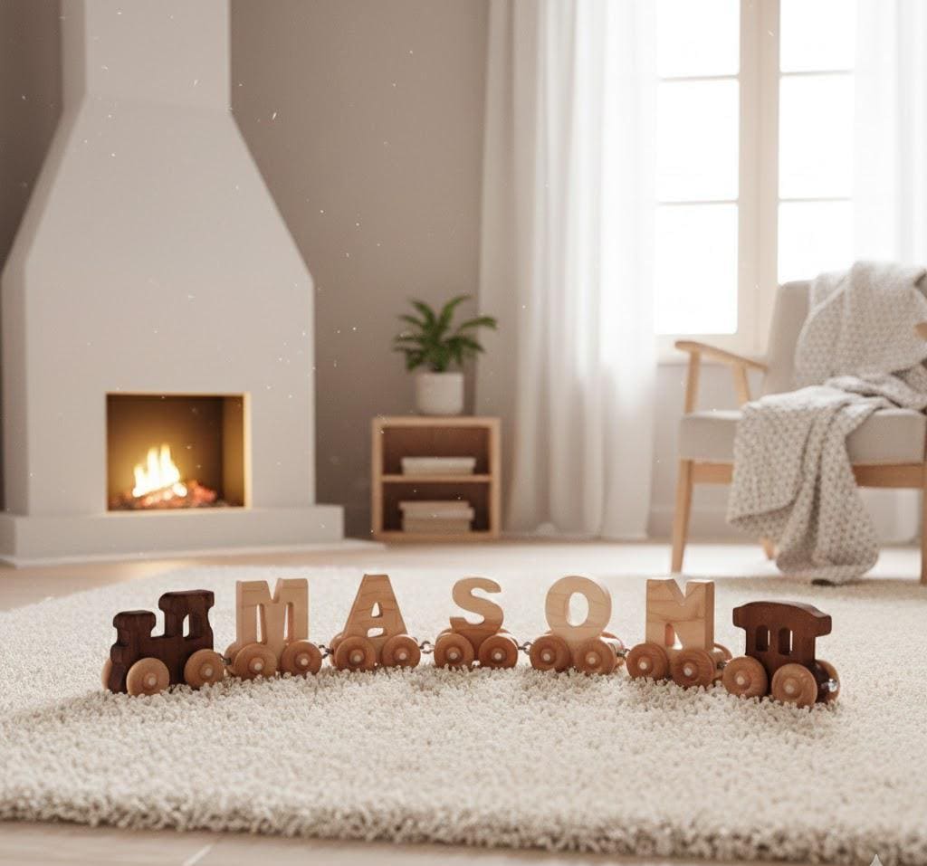Personalised Wooden Name Train, Canadian Maple Toy, Hand-Painted Letters