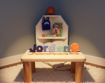 Kindernaampuzzelbank, gepersonaliseerde houten puzzelnaambank, peuterbank met naampuzzeljongen, speelkamerbank voor kinderen, babynaamcadeaus