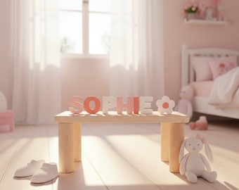 Meisjes puzzel naam bankje, houten kinderbanknaam, esdoorn naam puzzelbankje, gepersonaliseerd peuterbankje houten, aangepast cadeau voor kinderen kerst