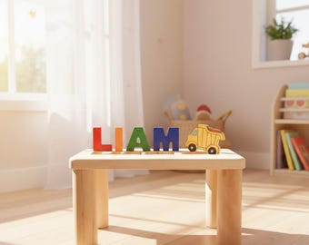 Banco com nome - Cadeira de madeira personalizada para bebê - Banco com nome - Quebra-cabeça personalizado - Presente para chá de bebê - Quebra-cabeças educativos - Nome personalizado - Gravação gratuita