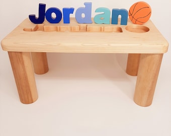 Kids Name Puzzle Bench, Personalized Puzzle Name Bench Wooden, Toddler Bench with Name Puzzle Boy, Playroom Bench for Kids, Baby Name Gifts