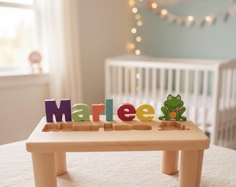Kindernaampuzzelbank, gepersonaliseerde houten puzzelnaambank, peuterbank met naampuzzeljongen, speelkamerbank voor kinderen, babynaamcadeaus