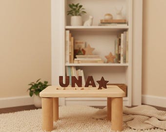 Banco com nome - Cadeira de madeira personalizada para bebê - Banco com nome - Quebra-cabeça personalizado - Presente para chá de bebê - Quebra-cabeças educativos - Nome personalizado - Gravação gratuita