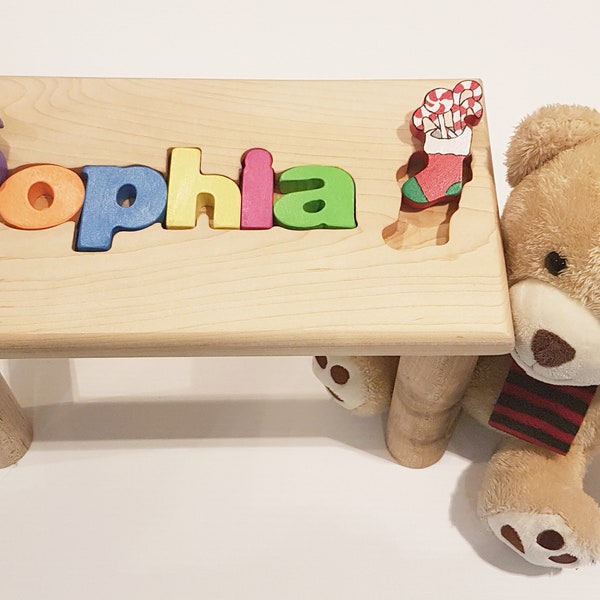 Kids bench Personalized -Puzzle Name Name Puzzle- Stool- Educational puzzles -Personalized  Engraving -Engraved Stool-Maple Stool