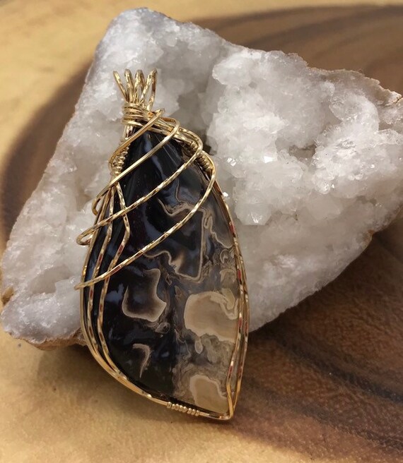 Petrfied Palm Root Crystal Pendant boho pendant antique toned wire gemstone pendant