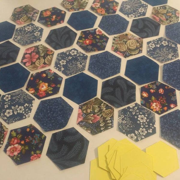Pre Cut, Hexagon,Hexie, 1" finished size. English Paper Piecing. Card Templates included. 42 pieces 7 each per pattern. Blue Quilting Cotton