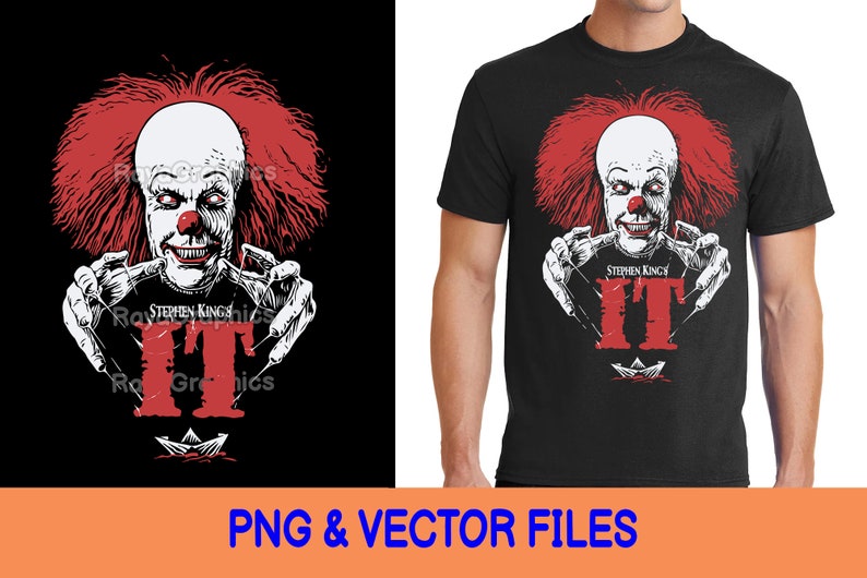 May include: Black t-shirt with a red and white illustration of Pennywise the clown from Stephen King's IT. The clown is holding a pair of red balloons and the text "Stephen King's IT" is printed below.