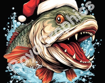 Puede incluir: Un pez verde y rojo con un gorro de Papá Noel rojo con ribete blanco, con la boca abierta y los dientes visibles. El pez salta fuera del agua, que se representa en azul con salpicaduras blancas.