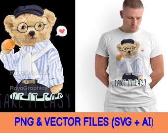 May include: A white t-shirt with a cartoon illustration of a teddy bear wearing a blue and white striped shirt, a brown hat, and glasses. The bear is holding an orange and the text "Take it easy" is printed below the bear.