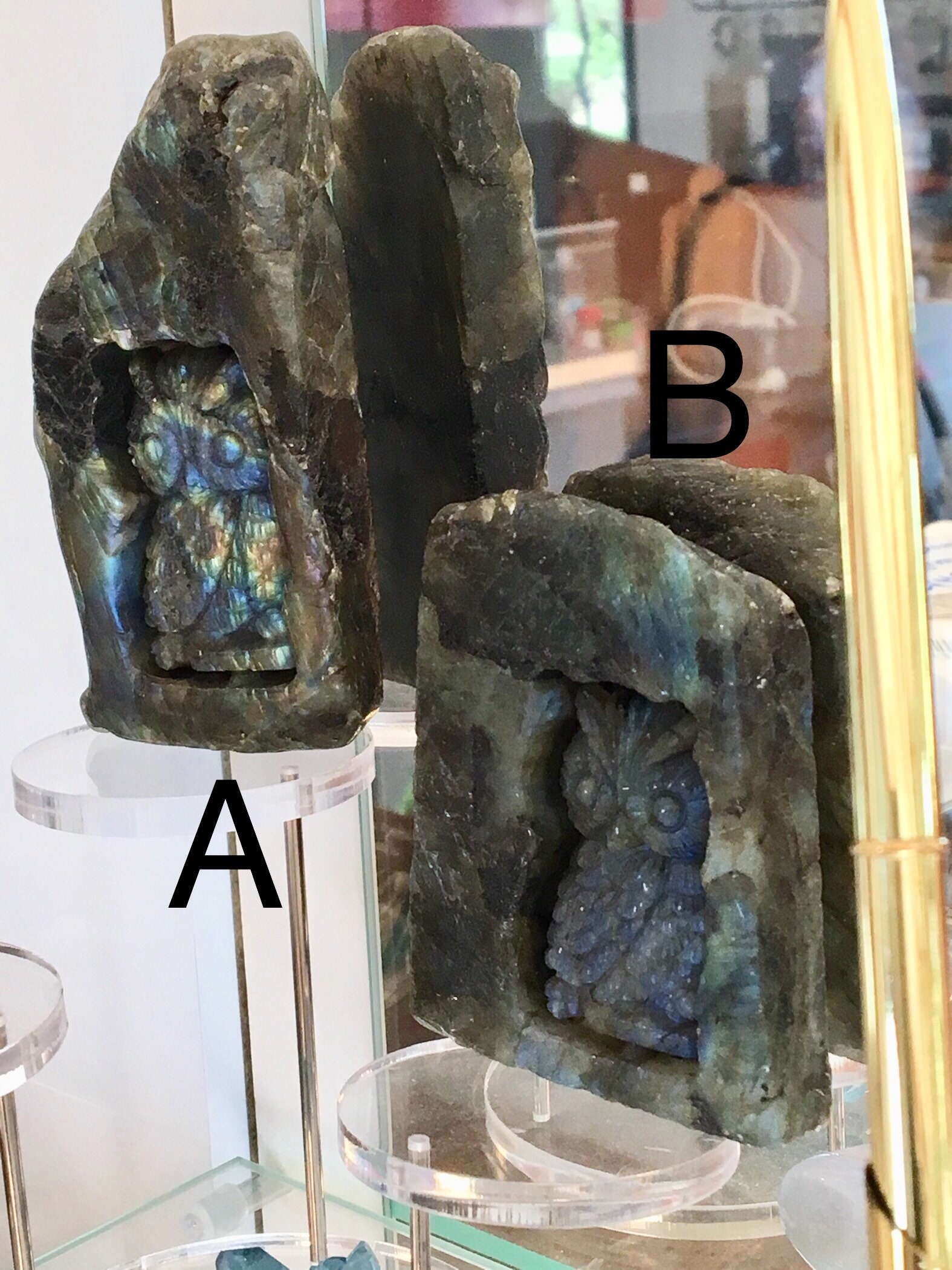 Magnifique Plaques Sculptées Dans La Pierre, Hibou en Labradorite ou Œil de Tigre, Papillon , Décora