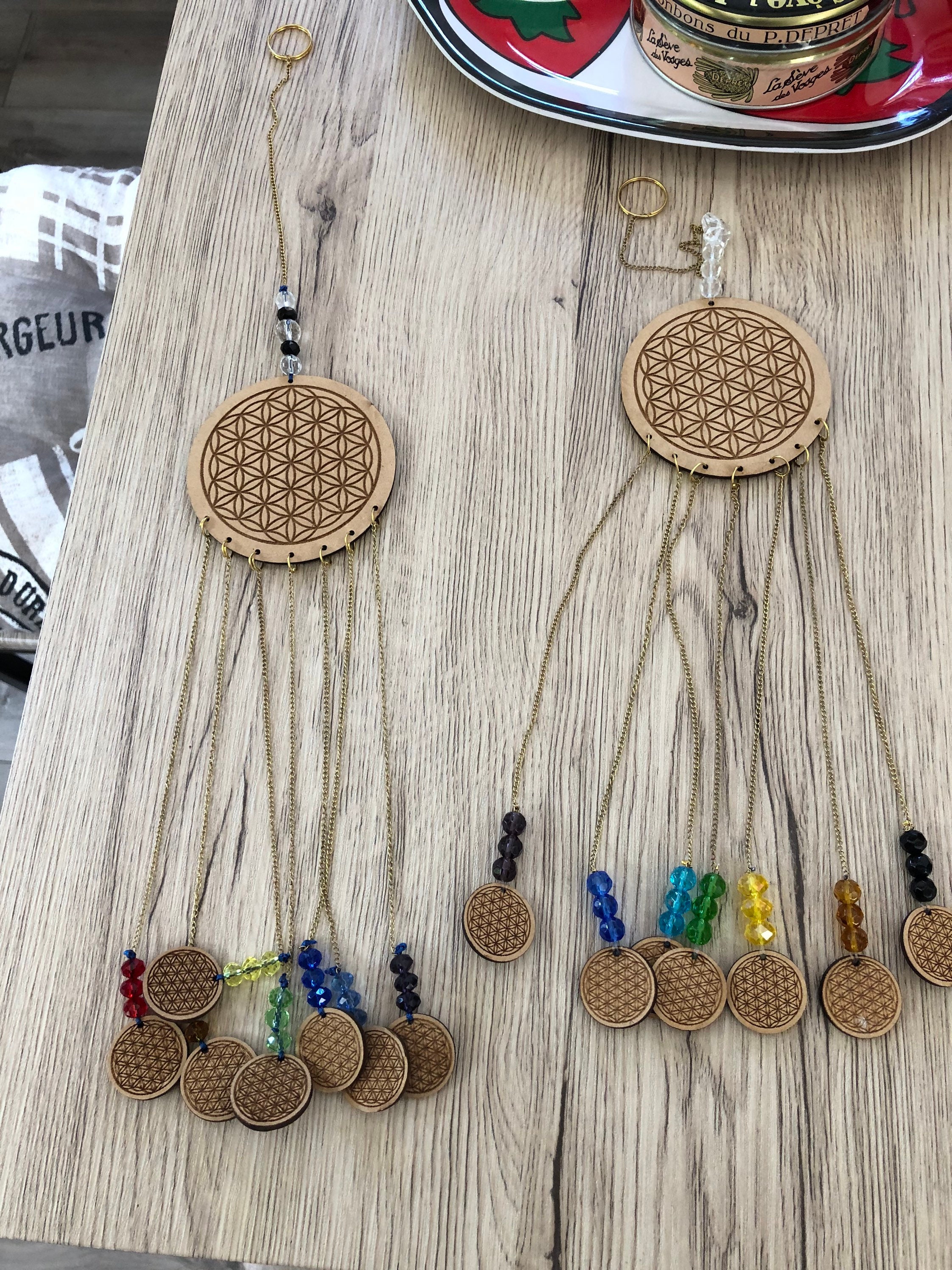 Carillon Fleur de Vie en Bois et Perles Verre Facetté , Pour L Intérieur ou Extérieur Abrité Carillo