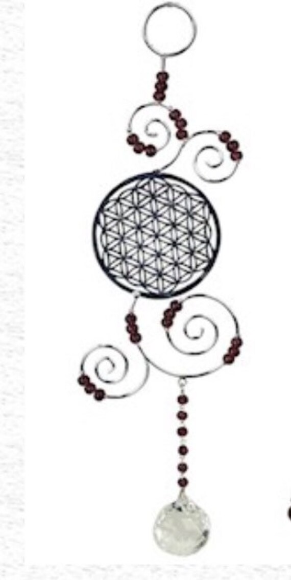 Mobile Fengshui Fleur de Vie en Métal Argenté avec Une Sphère Cristal Facetté 3cm Diamètre , Hauteur