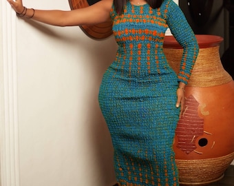 African Print Dress | Ankara dress | One hand | One shoulder | Womens dress | Maxi Dress | Stretchy | African dress | Ghana -TEAL KENYA