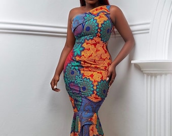 African Print Dress | Ankara dress | Wedding guest dress | Womens dress | One shoulder dress | African fashion | African dress - THEMA