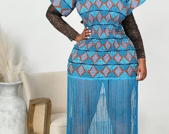 African Mini Dress Blue Ankara Print Dress Ankara Print Dress Birthday Dress Fringe plus Size Dress Wedding Guest Long Sleeves NEEMA Etsy