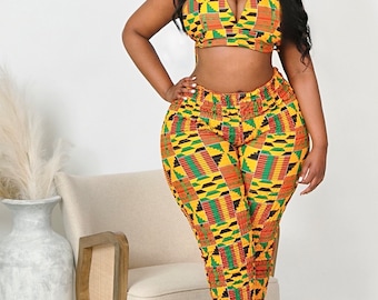 Kabibi Set | Kente two piece | Hater crop top | African clothing | African two piece | Leggings | High waist pants | African print pants