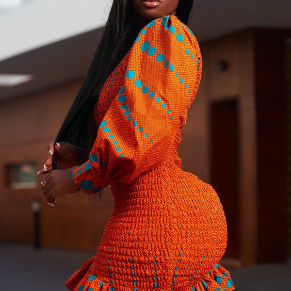 Afrikaanse midi-jurk| Lange mouwen| Eén schouder| Afrikaanse kleding voor dames| Oranje jurk met Afrikaanse print| Ankara-jurk| Damesjurk MARIAMA