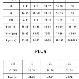 May include: Size chart for women's clothing in US, UK, EU, and Australian sizes. The chart shows measurements in inches and centimeters for bust, waist, and hips. The chart is divided into two sections: Regular and Plus.