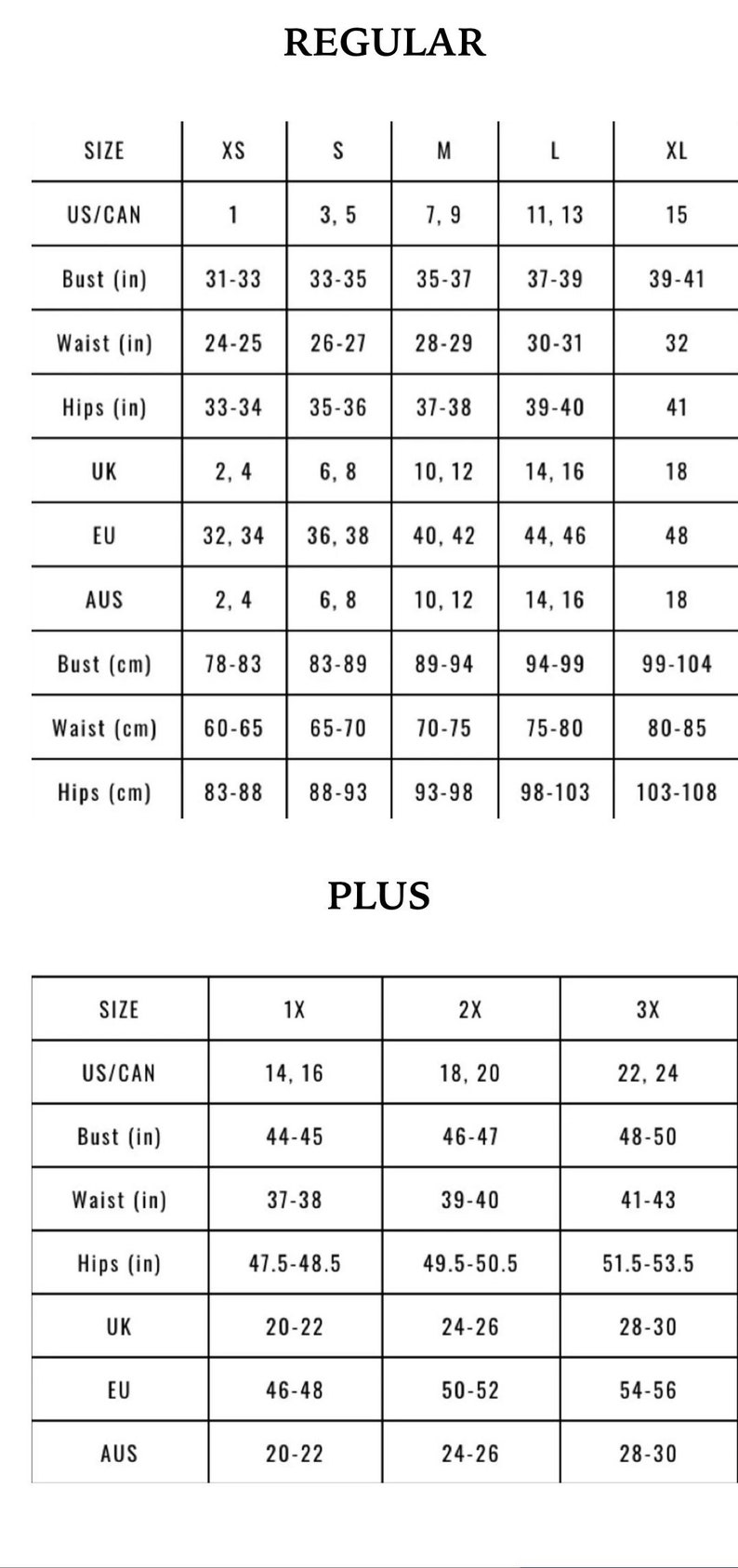 May include: Size chart for women's clothing in US, UK, EU, and Australian sizes. The chart shows measurements in inches and centimeters for bust, waist, and hips. The chart is divided into two sections: Regular and Plus.