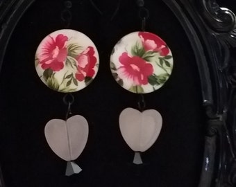Pink heart and flower bead drop earrings