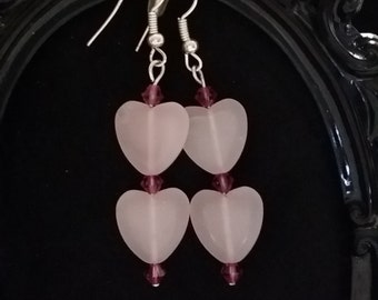 Pale pink hearts with bright pink crystal drop earrings