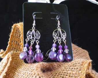 Purple stone bead, silver filigree, pink and clear Crystal drop earrings