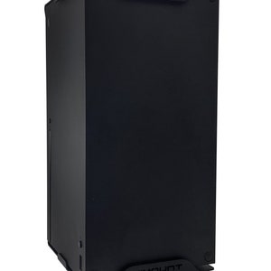 May include: A black metal stand with the word "VIMOUNT" printed on the front and back. The stand is designed to hold a computer tower.