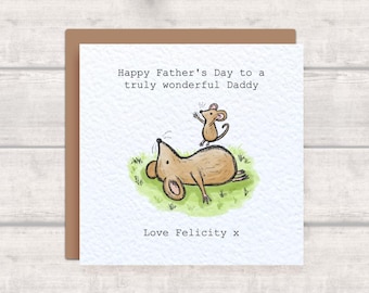 Father's Day Card for Daddy with cute mouse jumping on exhausted Daddy mouse - hand drawn adorable mouse illustration - wonderful Daddy
